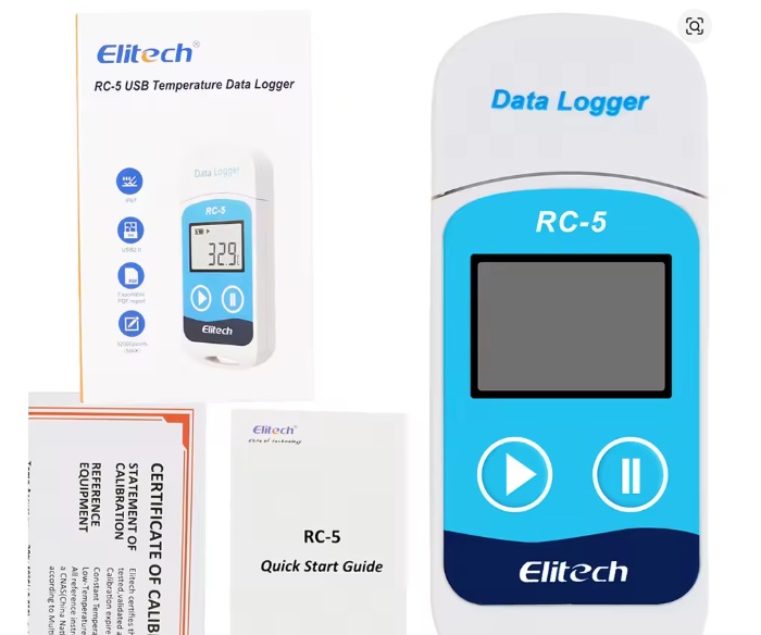 RC-5 USB temperature data logger kit by Elitech, showing the blue handheld device with display, its box packaging, and quick-start guide.