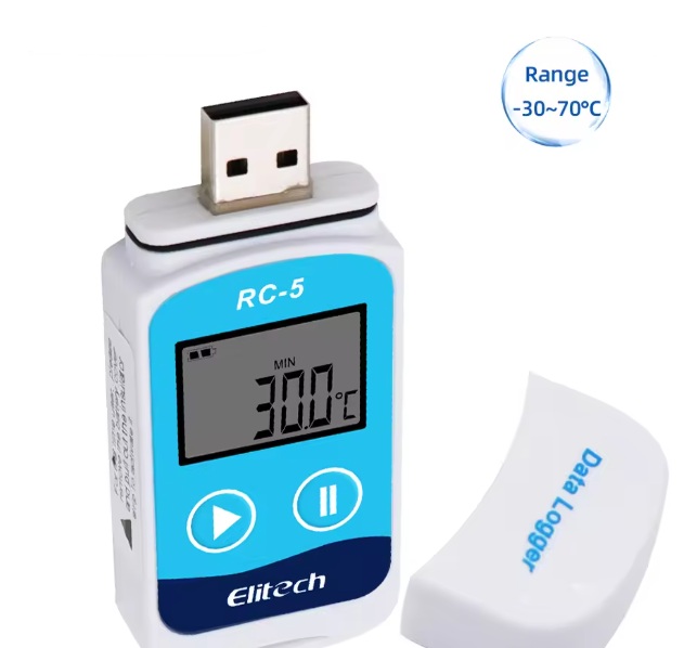 Elitech RC-5 digital thermometer with blue front panel, display reads 30.0°C, and a removable Data Logger cap nearby.