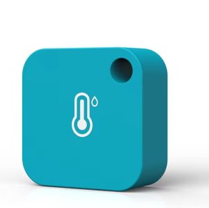 Blue rounded-square device with a white thermometer and water droplet icon, indicating a temperature sensor.