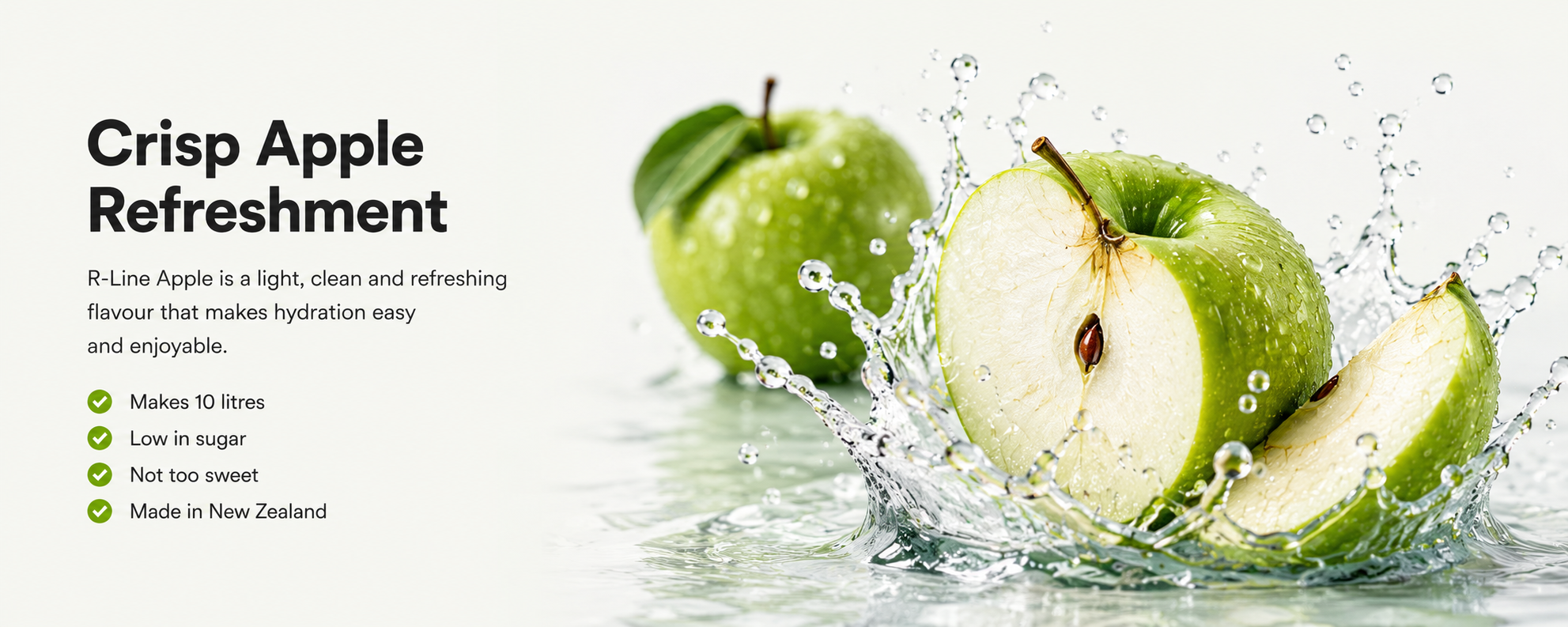 Hero banner promoting Crisp Apple Refreshment with leafy green apples splashing water on the right and feature list on the left.