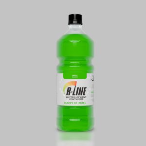 Green electrolyte drink concentrate bottle labeled 'R-LINE' with apple flavor; reads 'Produces 10 litres' on the label.