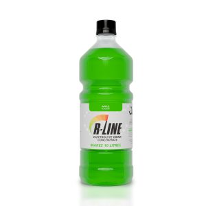 Bright green bottle of R-LINE electrolyte drink concentrate (apple flavor) that makes 10 litres, shown against a white background.