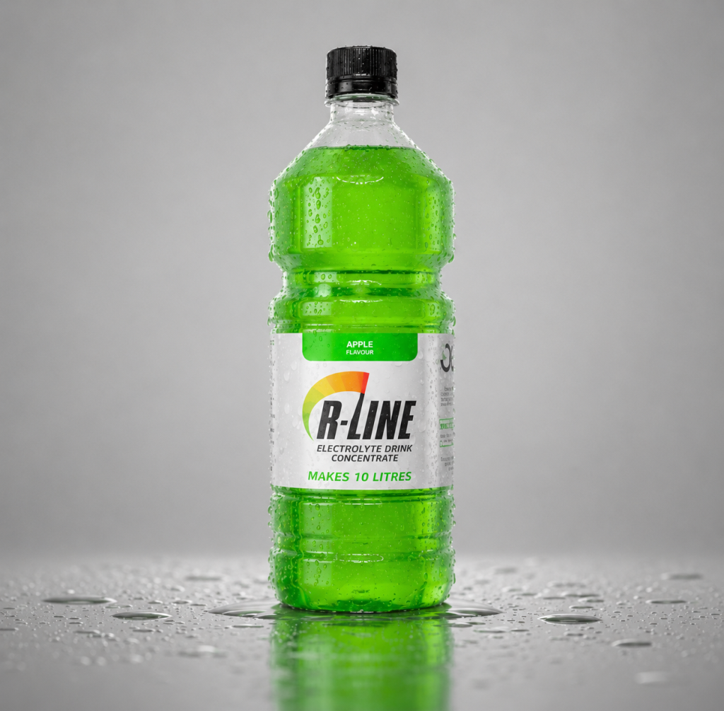 Bright green bottle of R-Line electrolyte drink concentrate; apple flavor, makes 10 litres.