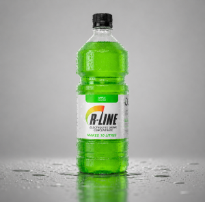 Bright green bottle of R-Line electrolyte drink concentrate; apple flavor, makes 10 litres.