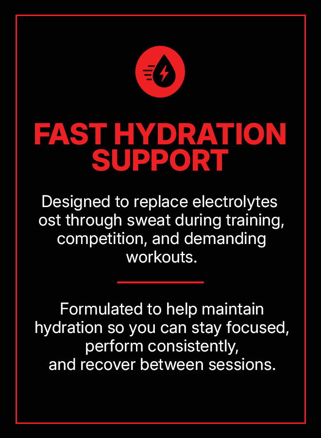 Poster-style graphic with black background and red border, circular icon with a lightning bolt, bold red heading 'FAST HYDRATION SUPPORT', and white text describing electrolyte replacement and hydration benefits.