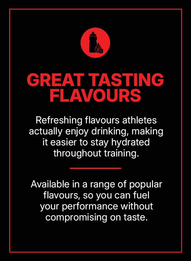 Poster titled 'Great Tasting Flavours' promoting hydrating drinks for athletes, with a black background and red border.