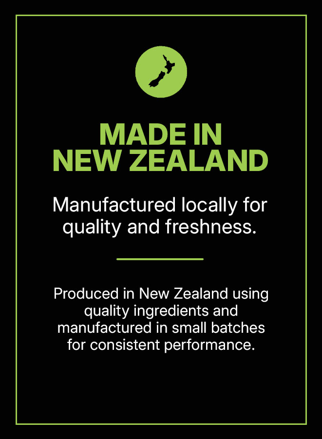 Black poster with lime border and NZ map circle, reading 'MADE IN NEW ZEALAND' and the lines of supporting text about local production.
