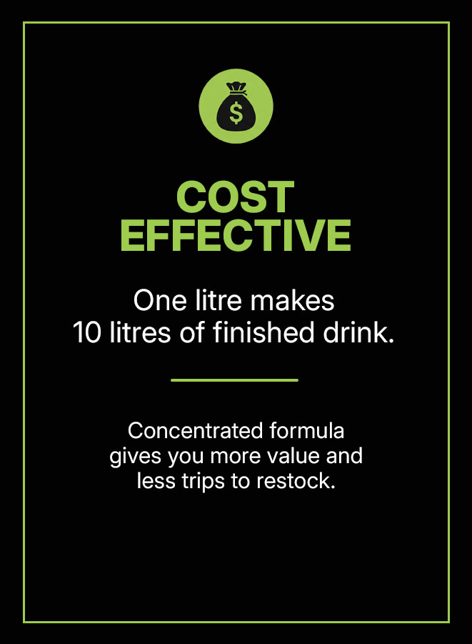 Cost effective: one litre makes 10 litres of finished drink; concentrated formula saves money and restocks trips.