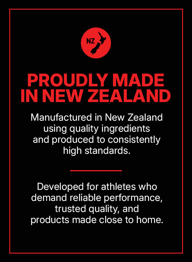Brand banner on black background reading 'PROUDLY MADE IN NEW ZEALAND' with a red NZ map icon and descriptive quality text nearby.