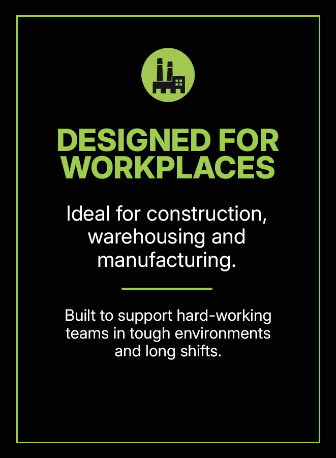 Poster: 'Designed for Workplaces' with text about construction, warehousing and manufacturing; built to support hard-working teams.