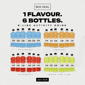 Box Deal banner: 1 flavor, 6 bottles of R-Line activity drink with blueberry, orange, raspberry, and lemon‑lime flavors shown in rows of six each