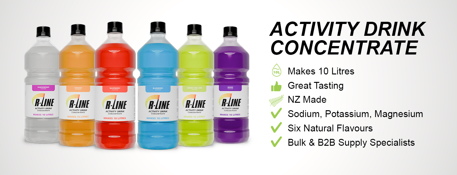 Six colorful R-Line activity drink bottles lined up on the left with a bold 'Activity Drink Concentrate' banner and features on the right side.