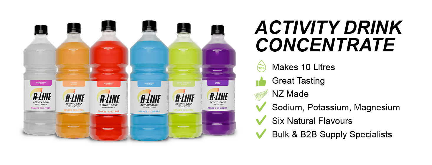 Six R-Line activity drink bottles in a row: passionfruit, orange, raspberry, blueberry, lemon-lime, and grape.