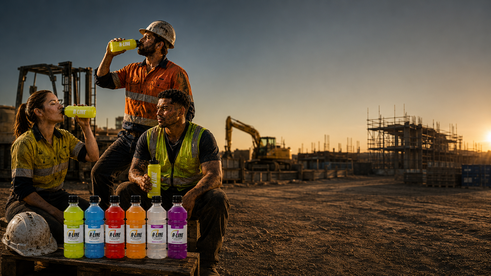 Three construction workers in yellow safety vests drink neon bottles on a dusty site at sunset, with a row of colored drinks on a table in front of them.