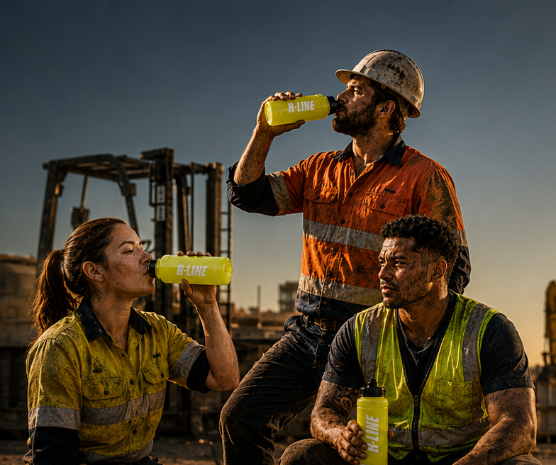 Three construction workers take a break, drinking from yellow bottles on a dusty site.