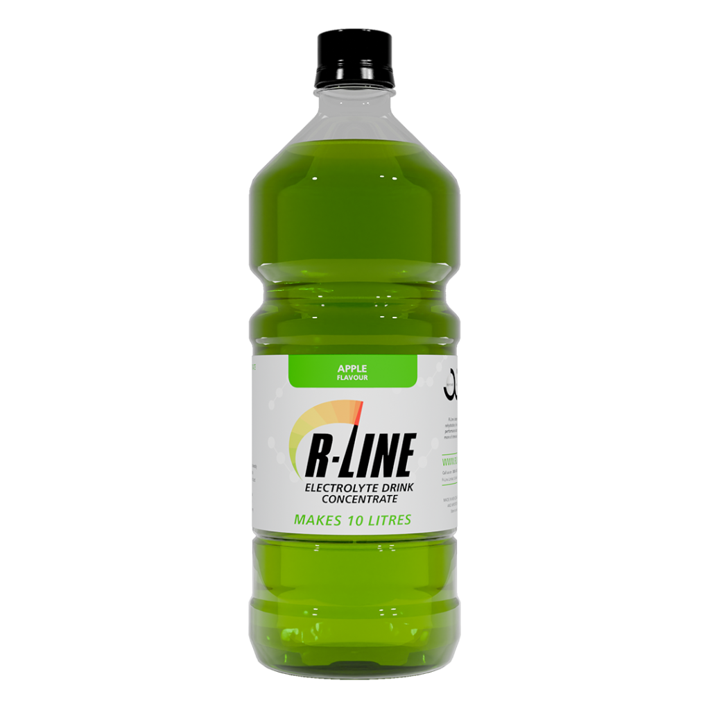 Green bottle of R-Line electrolyte drink concentrate, apple flavor; makes 10 litres.