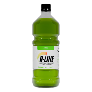 Green bottle of R-Line electrolyte drink concentrate, apple flavor; makes 10 litres.