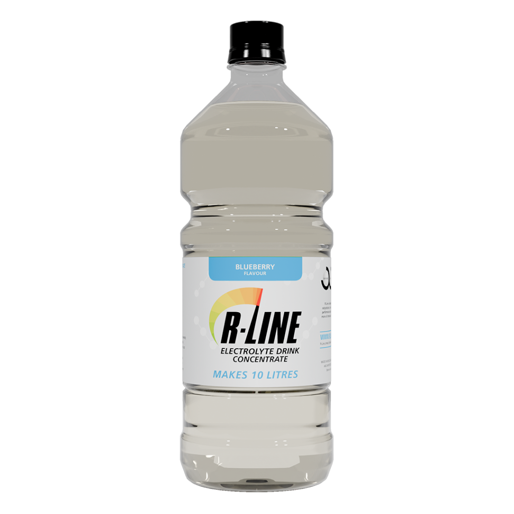 R-LINE electrolyte drink concentrate bottle with blue berry flavor, makes 10 litres (white bottle, black cap)
