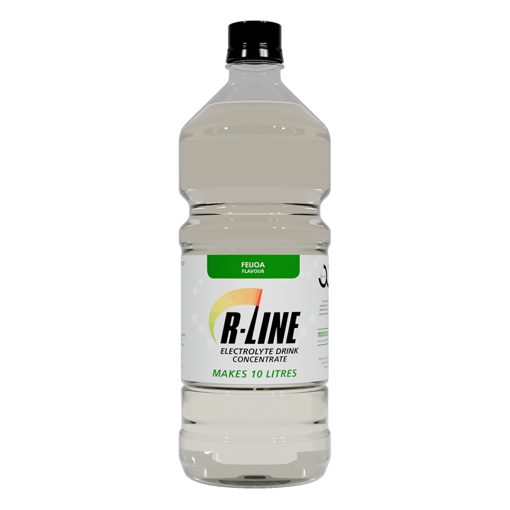 Bottle of R-LINE electrolyte drink concentrate (Feijoa flavor) labeled 'Makes 10 litres' on a white bottle with green accent.