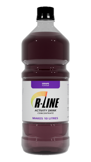 Purple grape-flavored R-Line activity drink concentrate bottle, labeled makes 10 litres.