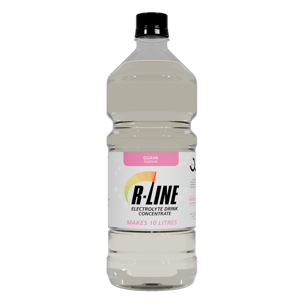 Bottle of B-Line electrolyte drink concentrate in guava flavor, labeled makes 10 litres.