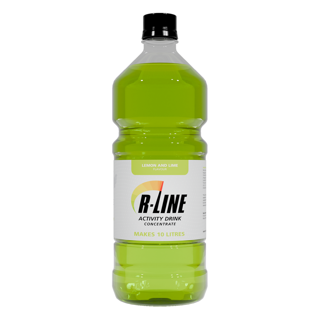 Bright lime-green plastic bottle of R-Line Activity Drink concentrate with a label reading 'Makes 10 litres' on a white background.