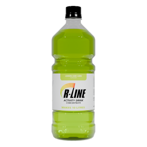 Bright lime-green plastic bottle of R-Line Activity Drink concentrate with a label reading 'Makes 10 litres' on a white background.
