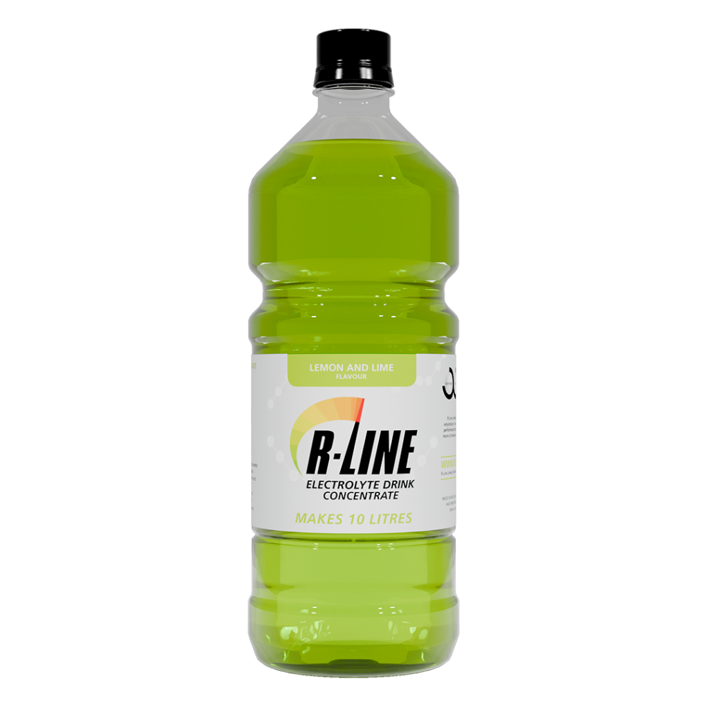 Lemon and lime flavored B-Line electrolyte drink concentrate bottle labeled makes 10 litres, green liquid inside.