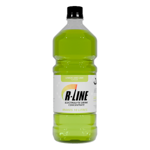 Lemon and lime flavored B-Line electrolyte drink concentrate bottle labeled makes 10 litres, green liquid inside.