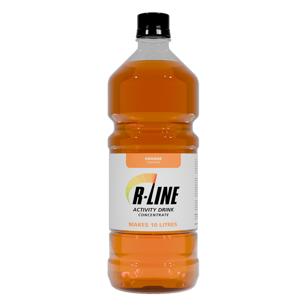 Bottle of orange-flavored R-Line activity drink concentrate, labeled makes 10 litres and cap on top.