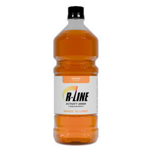 Bottle of orange-flavored R-Line activity drink concentrate, labeled makes 10 litres and cap on top.