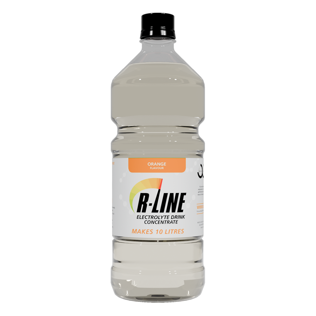 Plastic bottle of B-LINE electrolyte drink concentrate, orange flavor, makes 10 litres.