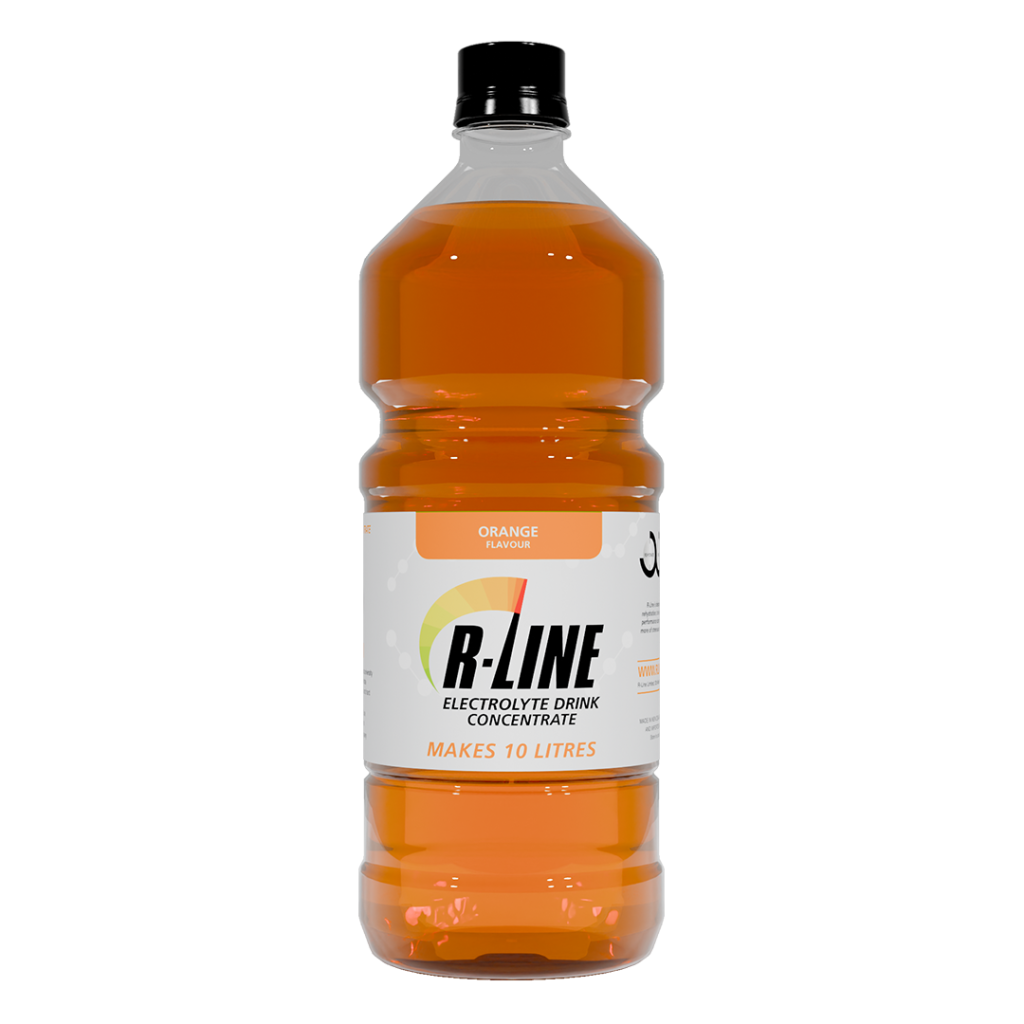 Bottle of B-LINE orange-flavour electrolyte drink concentrate that makes 10 litres
