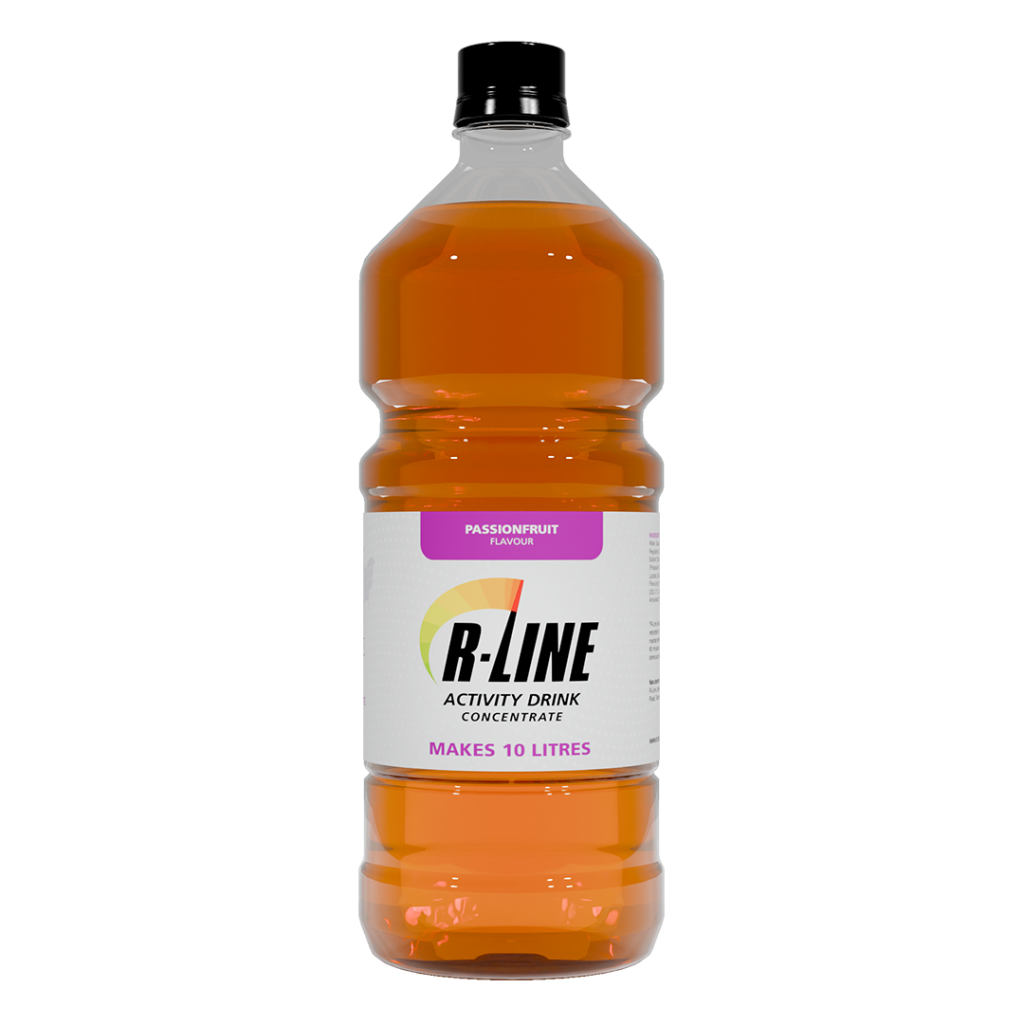 Orange bottle of R-LINE Activity Drink Concentrate with passionfruit flavor and black cap.