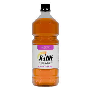 Orange bottle of R-LINE Activity Drink Concentrate with passionfruit flavor and black cap.