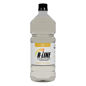 Pear-flavored electrolyte drink concentrate bottle labeled B-LINE, makes 10 litres, white plastic bottle with black cap