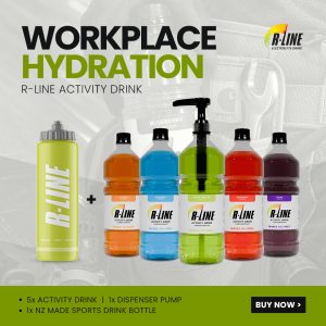 R-Line Gift Certificates 3 Promotional banner for Workplace Hydration: lime-green 'WORKPLACE HYDRATION' headline with a lime dispenser bottle and multiple colorful R-Line drink bottles against a dark backpack background.