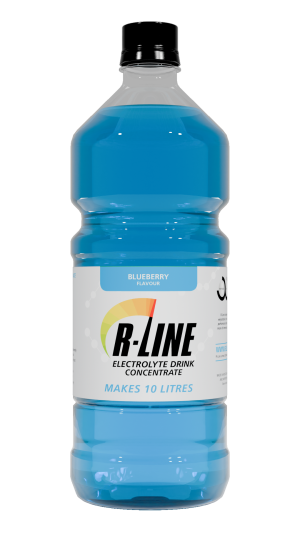 Blueberry-flavored R-Line electrolyte drink concentrate bottle with blue liquid, makes 10 litres.
