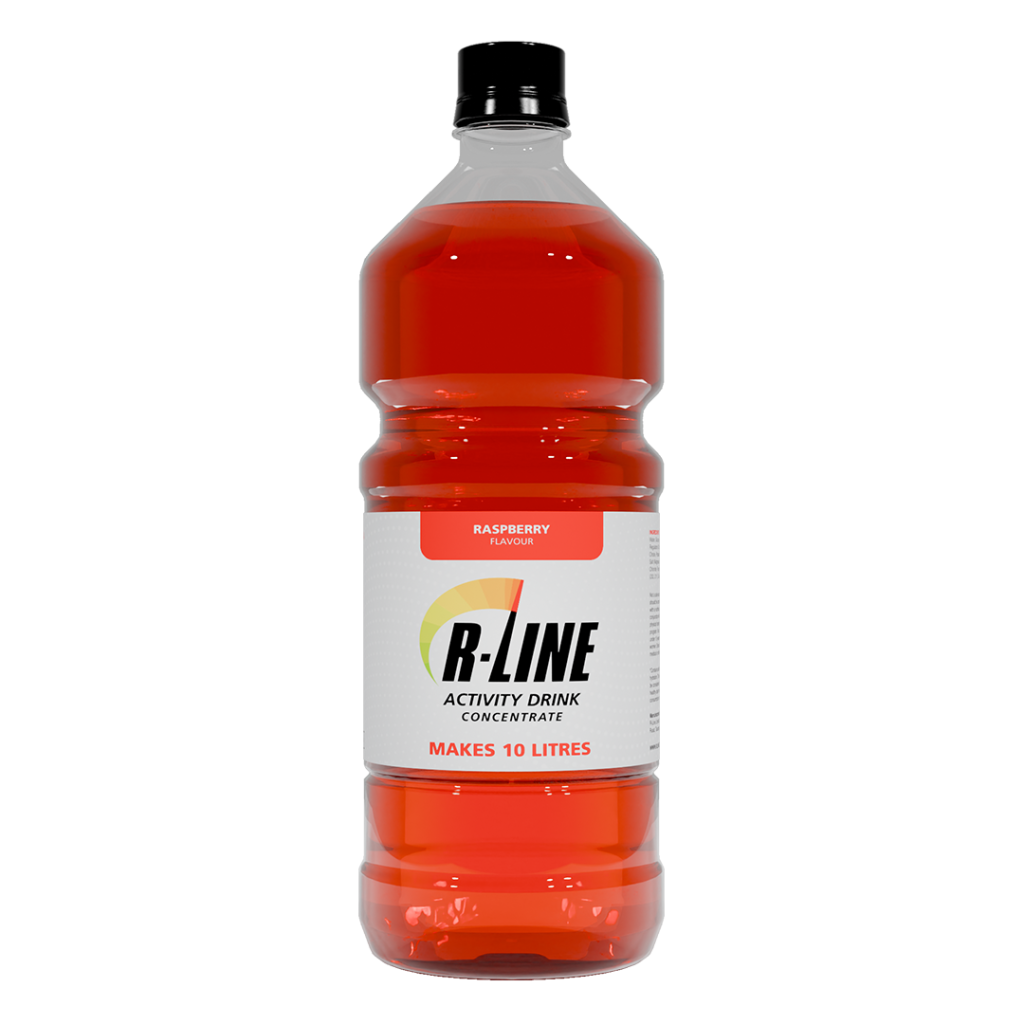 Red raspberry-flavored R-LINE activity drink concentrate bottle, labeled makes 10 litres.