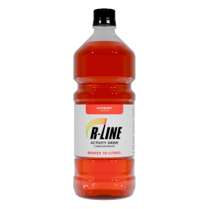 Red raspberry-flavored R-LINE activity drink concentrate bottle, labeled makes 10 litres.
