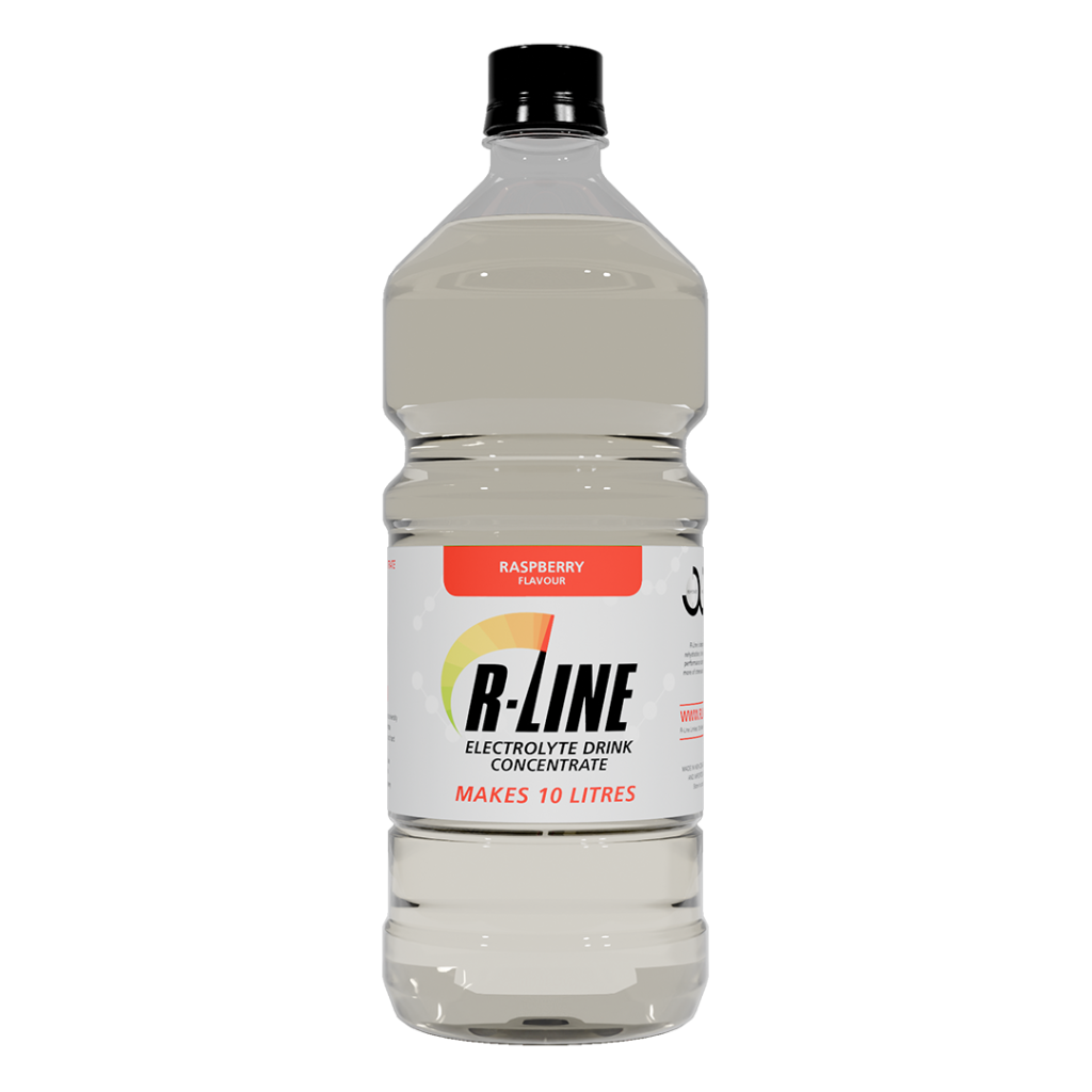 Raspberry-flavored electrolyte drink concentrate bottle labeled 'B-LINE' and note 'Makes 10 litres' on the label
