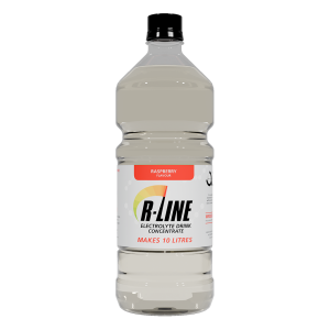 Raspberry-flavored electrolyte drink concentrate bottle labeled 'B-LINE' and note 'Makes 10 litres' on the label