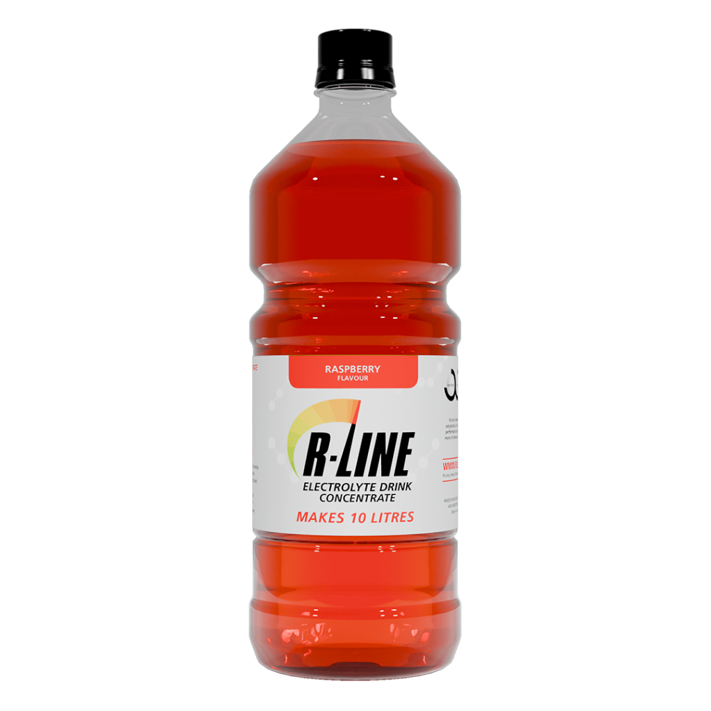 Front view of a raspberry-flavored electrolyte drink concentrate bottle (B-Line) with a black cap, red liquid visible, says 'Makes 10 Litres' on label.