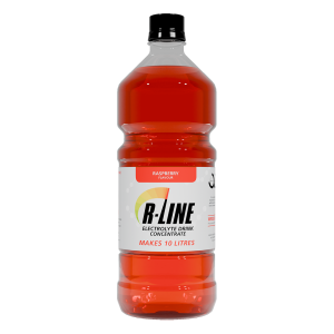Front view of a raspberry-flavored electrolyte drink concentrate bottle (B-Line) with a black cap, red liquid visible, says 'Makes 10 Litres' on label.
