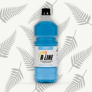 R-Line Gift Certificates 13 Blueberry-flavored R-Line electrolyte drink concentrate bottle against a black fern-patterned background.