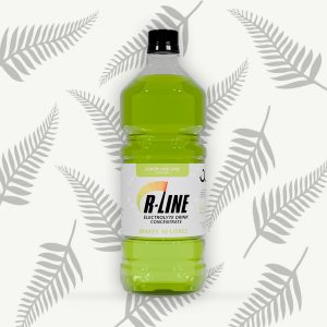 R-Line Gift Certificates 14 Bright green lemon-and-lime electrolyte drink in a plastic bottle against a black fern-pattern background; label reads 'B-LINE' and 'MAKES 10 LITRES'