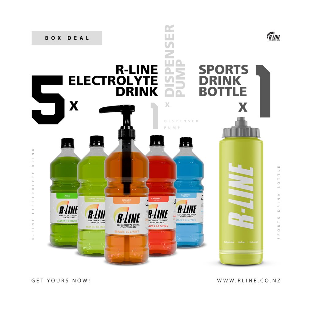 Colorful R-Line electrolyte drink bottles arranged in a row with a large lime-green sports bottle, advertisement branding visible; sports hydration products. Made for mix-and-match flavors.