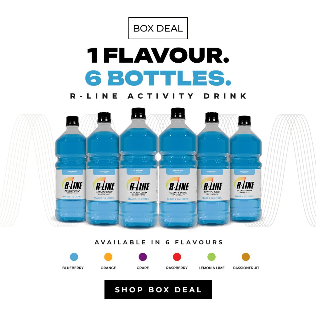 Box Deal: six blue R-Line activity drink bottles lined up with flavor dots below, Blueberry flavor highlighted; Shop Box Deal button below.