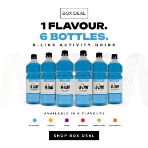 R-Line Gift Certificates 10 Box Deal: six blue R-Line activity drink bottles lined up with flavor dots below, Blueberry flavor highlighted; Shop Box Deal button below.