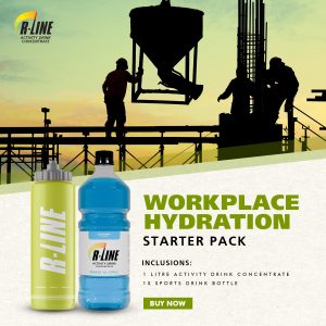 Silhouetted construction site with workers around a large water tank; R-LINE logo on left and 'WORKPLACE HYDRATION STARTER PACK' text in foreground.